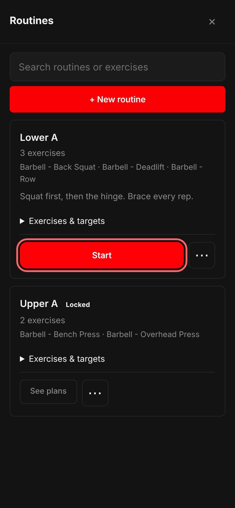 The Routines sheet: a search box, + New routine, then each routine with what it holds, its notes, Start and a menu.