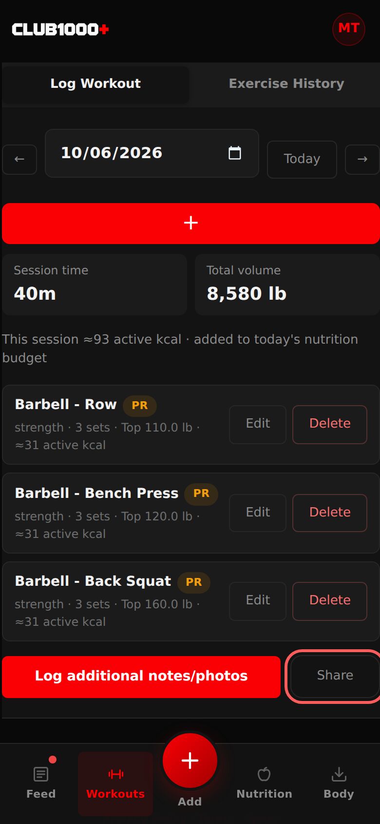 Today's session with the Share button ringed, beside Log additional notes/photos.