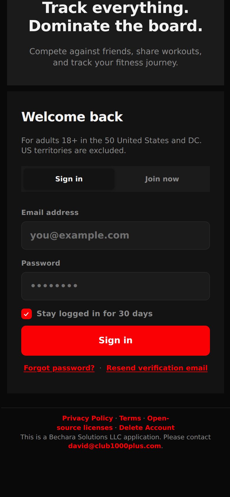 The sign-in screen: Welcome back, email address, password, Stay logged in for 30 days ticked, Sign in, Forgot password and Resend verification email.