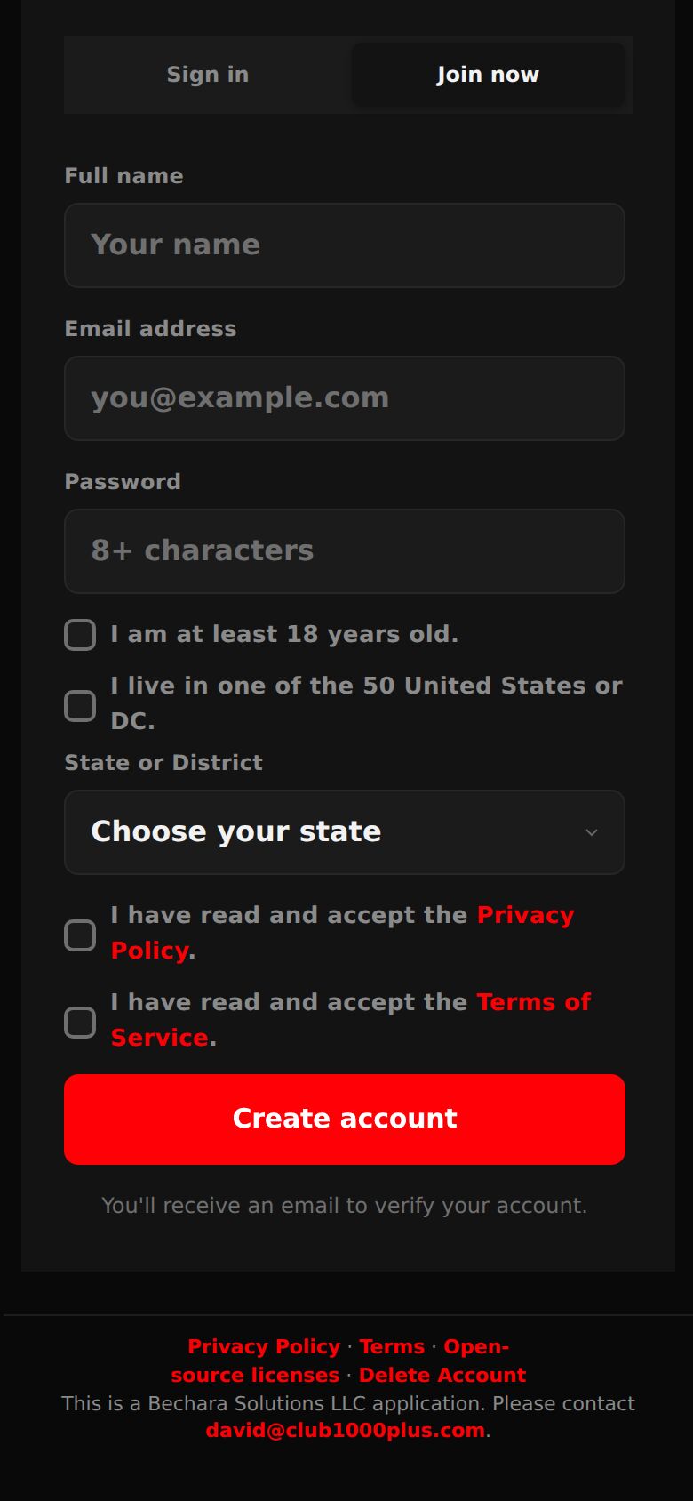 The Join now form: full name, email address, password, the 18+ and residence boxes, state, the Privacy Policy and Terms boxes, and Create account.