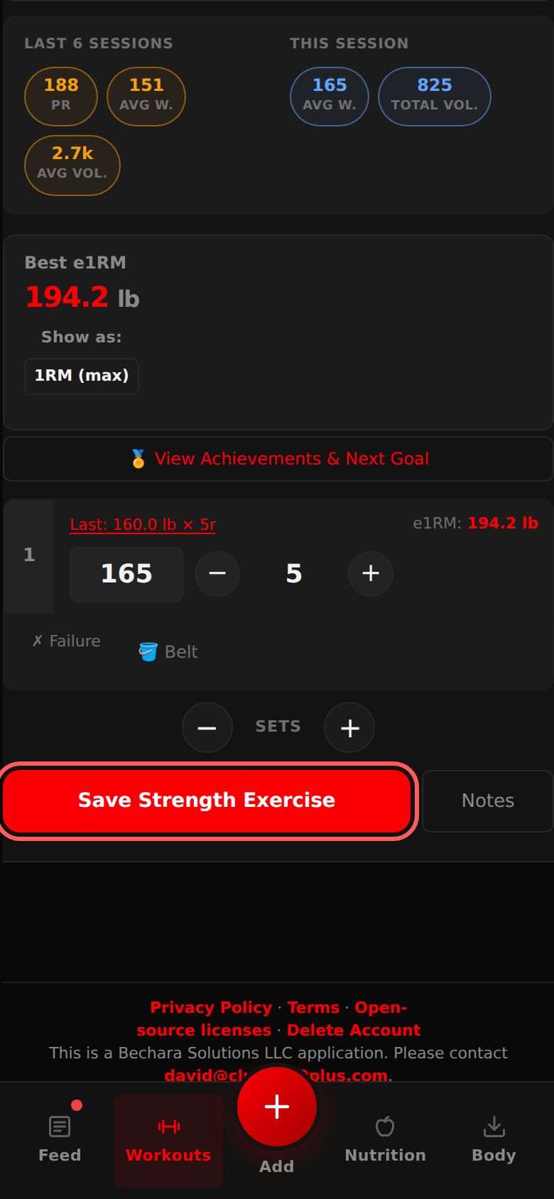 Logging Barbell Back Squat: the set row with 165 lb and 5 reps, the minus and plus buttons, the Sets control, and Save Strength Exercise ringed.