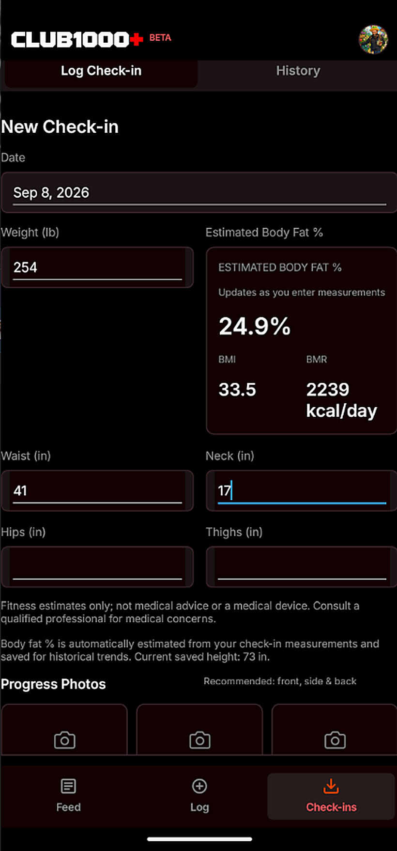 Body check-in form with weight, waist and neck measurements and an estimated body fat percentage.