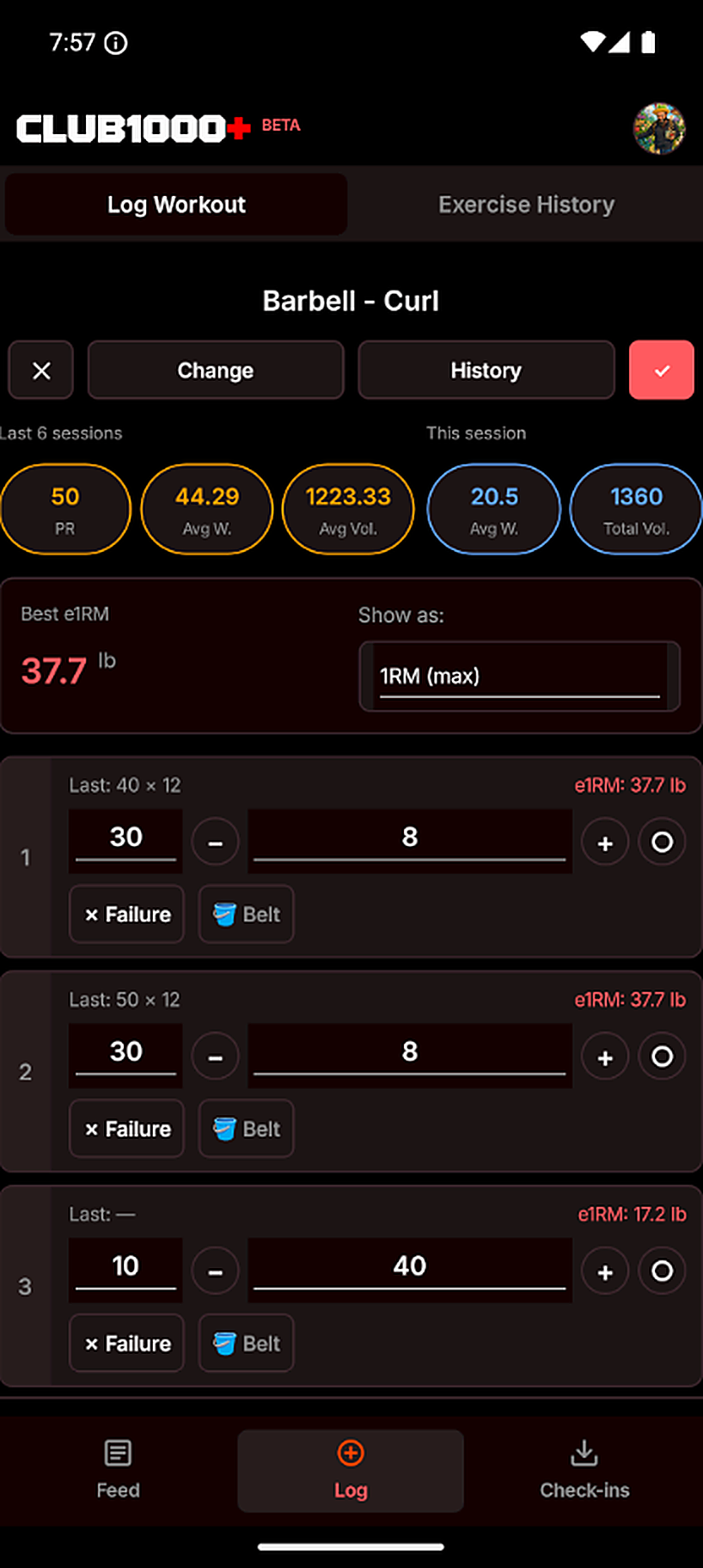 Logging sets for a barbell curl, showing estimated one-rep max, average weight and total volume.