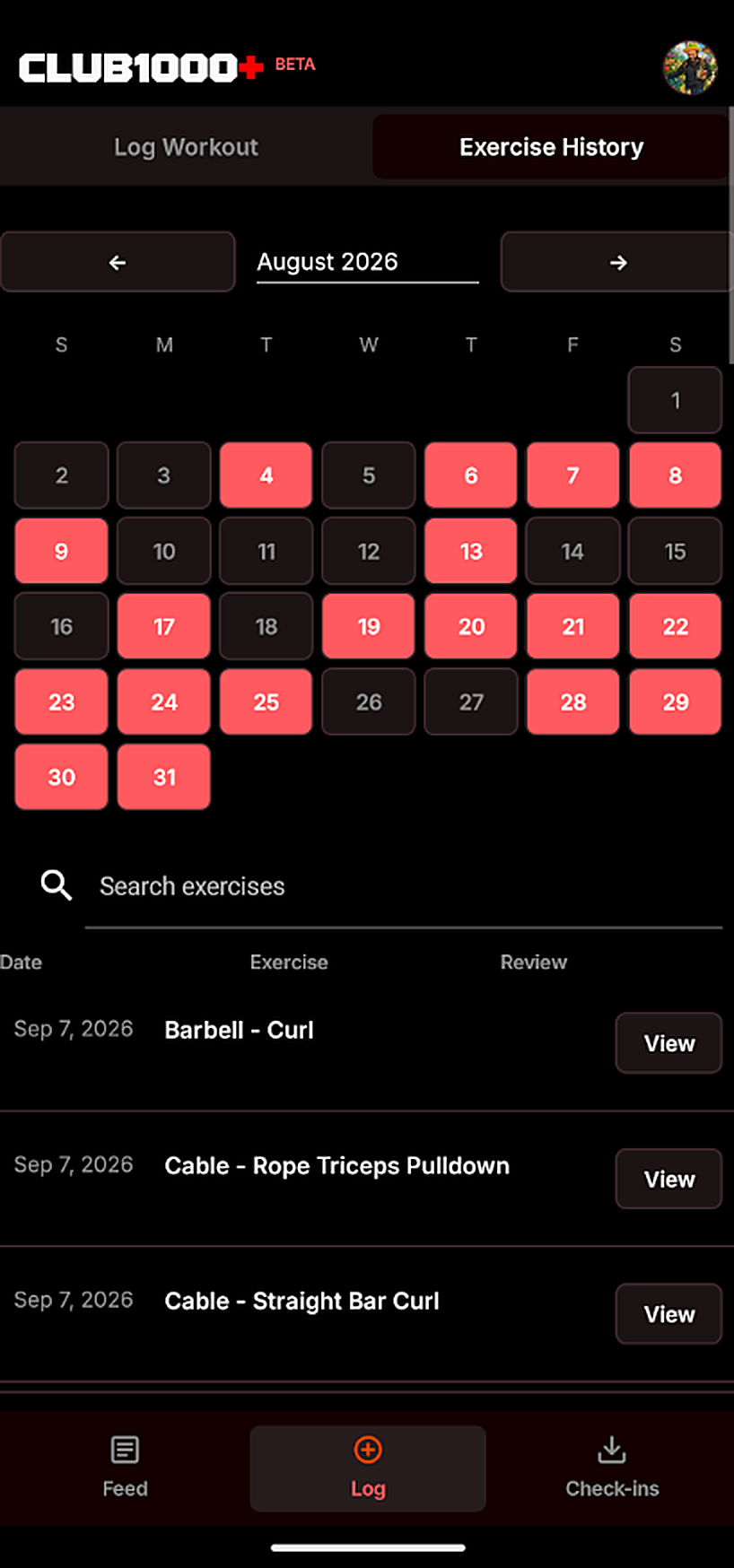 A monthly training calendar with active days highlighted, above a searchable exercise history.