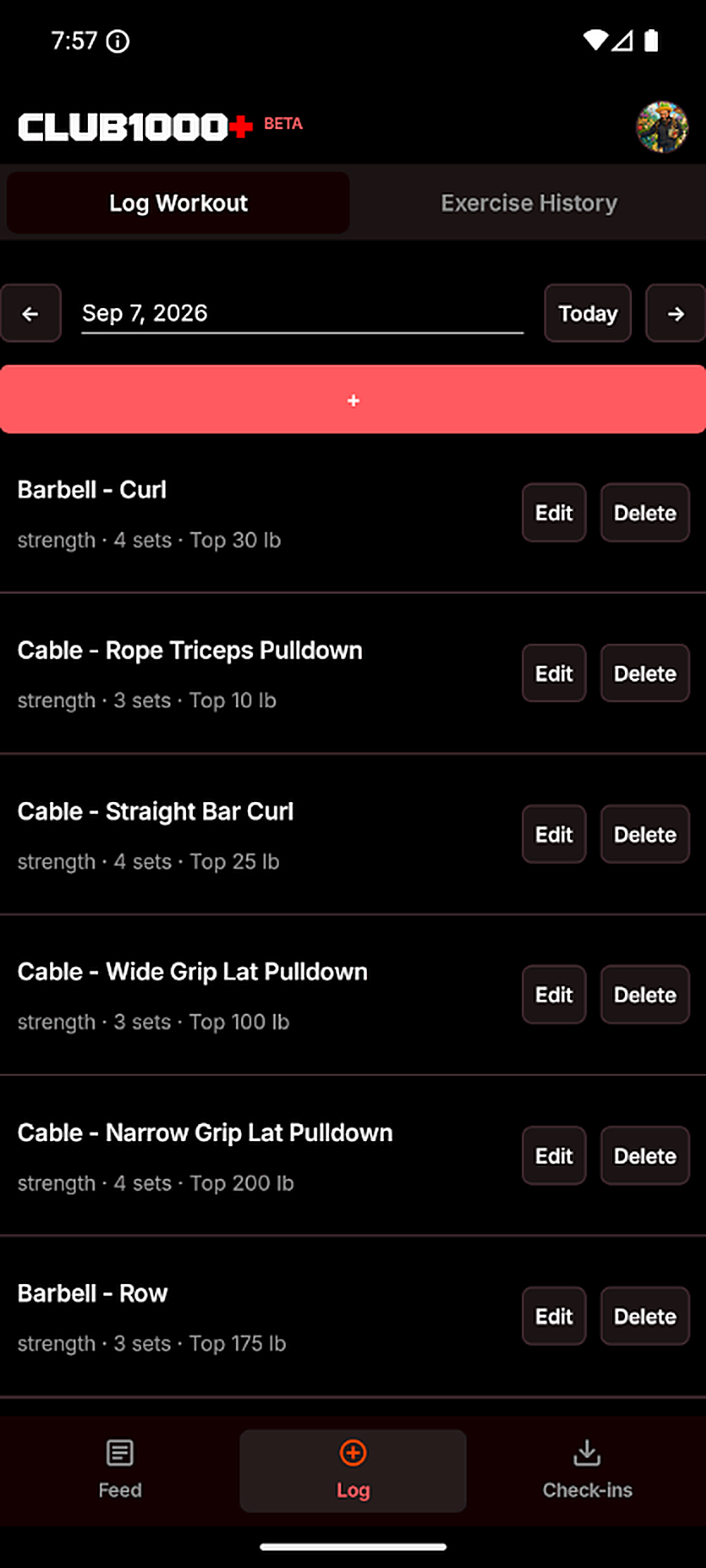 A logged session listing six exercises with sets and top weight, each editable.